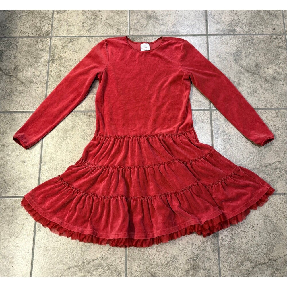 Hanna Andersson red velour tiered dress long sleeve and tiered ruffle skirt